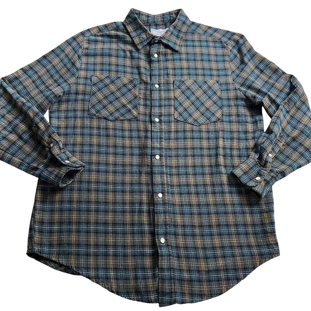 Haband Casual Joe Pearl snap plaid blue flannel shirt men’s size medium